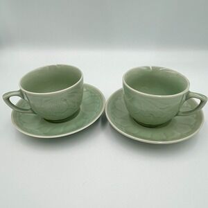 Set of 2 Chinese Longquan Celadon Green Koi Fish Goldfish Teacup Cups & Saucers